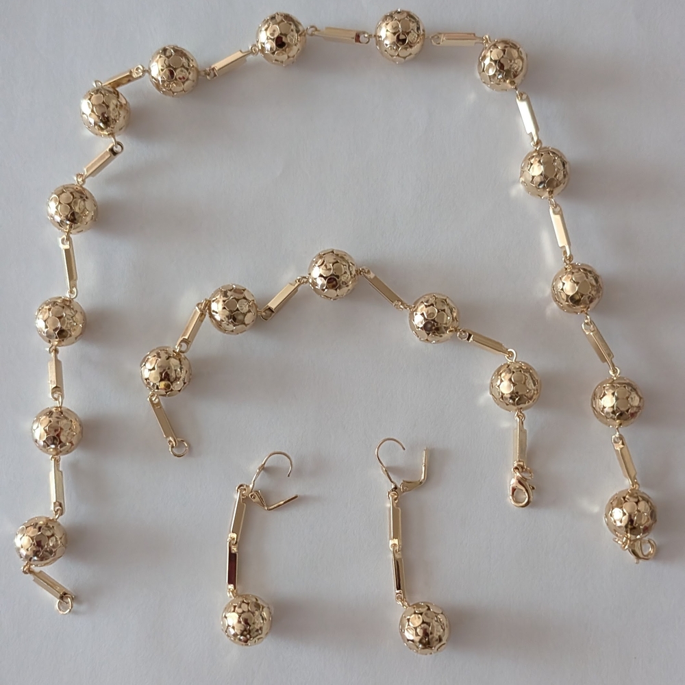 Elegant Gold-Tone Bead Necklace, Bracelet & Earrings Set